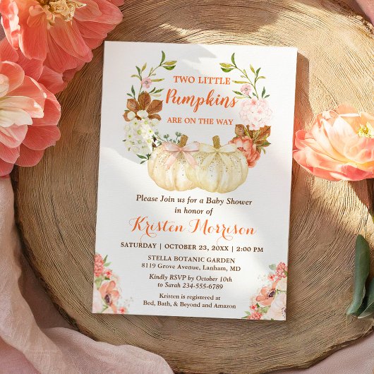 金ゴールドグリッターツインズカボチャ秋ベビーシャワー 招待状