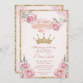 金ゴールドグリッターティアラピンクプリンセスベビーシャワー 招待状 (正面/裏面)