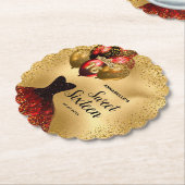 金ゴールドグリッターティアラレッドドレススウィート16誕生日 ペーパーコースター (アングル)