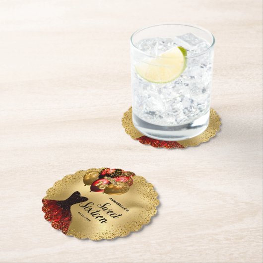 金ゴールドグリッターティアラレッドドレススウィート16誕生日 ペーパーコースター (インサイチュ)