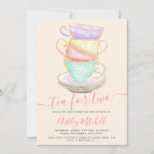 金ゴールドグリッターティーカップ水色シックなベビーシャワー 招待状 (正面)