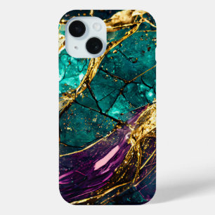 金ゴールドグリッターティール(緑がかった色)とパープルグラスアートジェムストーン iPhone 15ケース