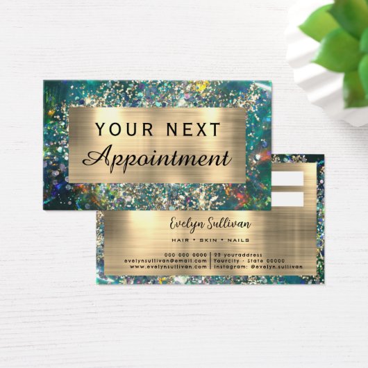 金ゴールドグリッターティール(緑がかった色)オパールアポイントメントカード (デスク)