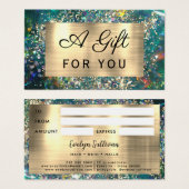 金ゴールドグリッターティール（緑がかった色）オパールギフトカード (正面&裏面)