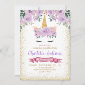 金ゴールドグリッターティール（緑がかった色）パープルフローラユニコーン誕生日 招待状 (正面)