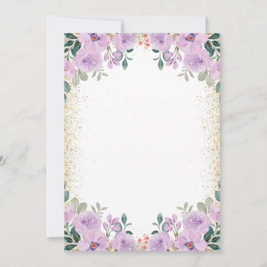 金ゴールドグリッターティール（緑がかった色）パープルフローラユニコーン誕生日 招待状 (裏面)