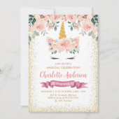 金ゴールドグリッターティール（緑がかった色）ピーチフローラユニコーン誕生日 招待状 (正面)