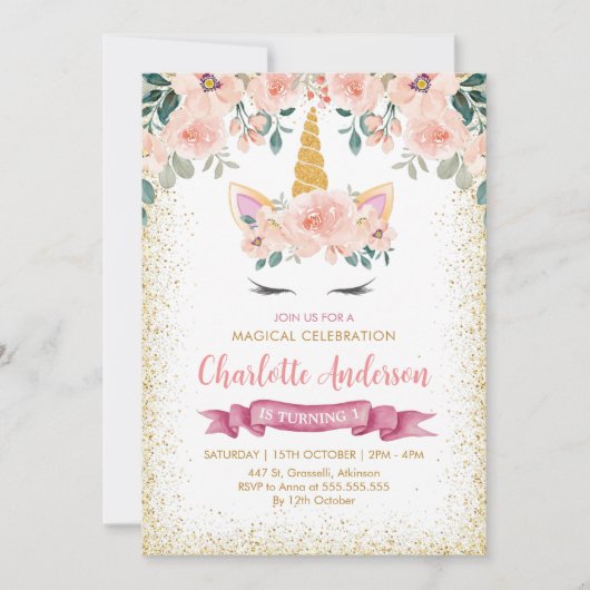 金ゴールドグリッターティール(緑がかった色)ピーチフローラユニコーン誕生日 招待状 (正面)