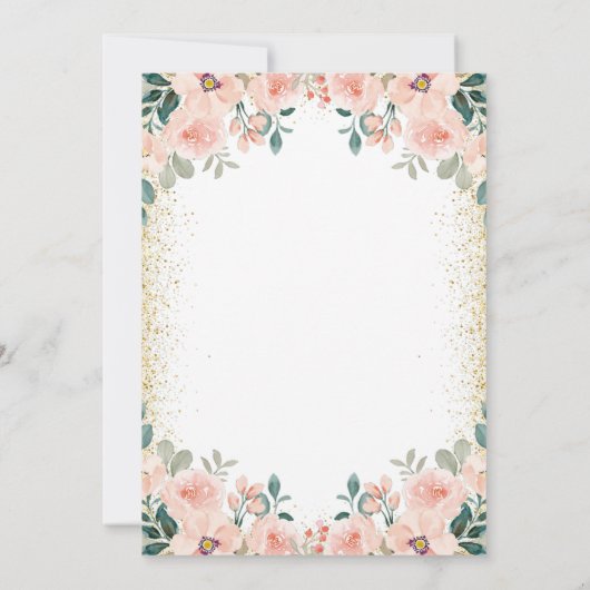 金ゴールドグリッターティール（緑がかった色）ピーチフローラユニコーン誕生日 招待状 (裏面)