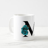 金ゴールドグリッターティール（緑がかった色）フローラグラムモノグラム コーヒーマグカップ (正面左)