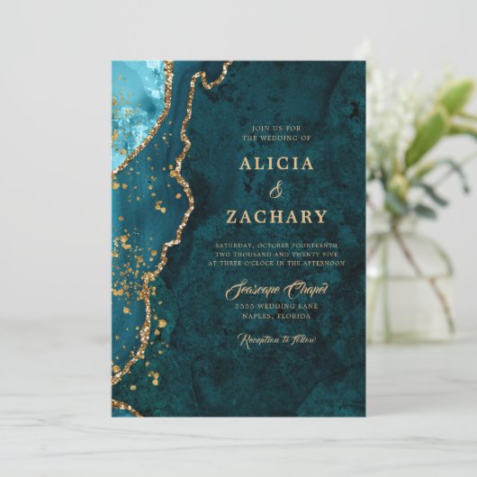 金ゴールドグリッターティール(緑がかった色)ブルーアゲート結婚式招待状 招待状 (スタンド正面)