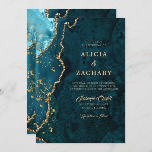 金ゴールドグリッターティール(緑がかった色)ブルーアゲート結婚式招待状 招待状 (正面/裏面)