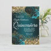 金ゴールドグリッターティール(緑がかった色)ブルーフローラグラムキンセアニラ 招待状 (スタンド正面)