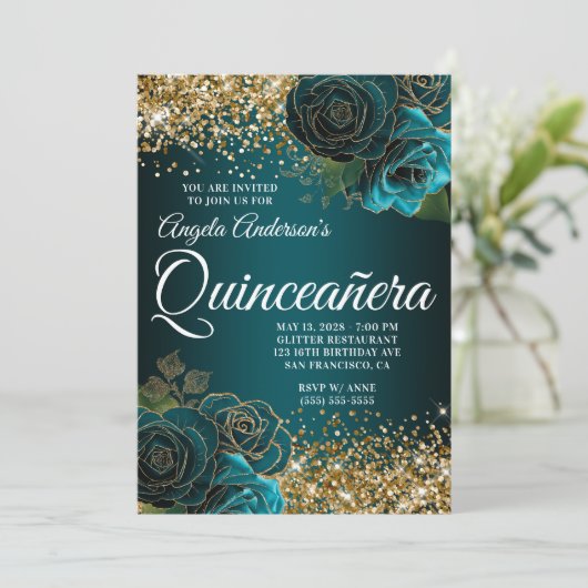 金ゴールドグリッターティール（緑がかった色）ブルーフローラグラムキンセアニラ 招待状 (スタンド正面)