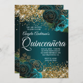 金ゴールドグリッターティール(緑がかった色)ブルーフローラグラムキンセアニラ 招待状 (正面/裏面)