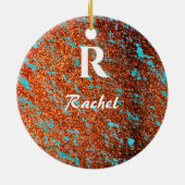 金ゴールドグリッターティール(緑がかった色)ブルーモノグラムイニシャル名可愛い セラミックオーナメント (裏面)