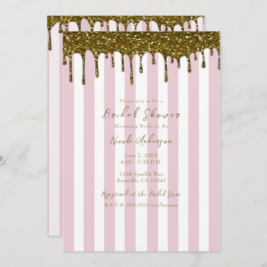金ゴールドグリッターディップピンクキャンディストライプブライダルシャワー 招待状 (正面/裏面)