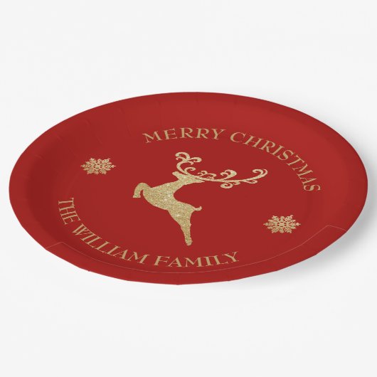 金ゴールドグリッタートナカイメリークリスマスパーティーレッド ペーパープレート (アングル)
