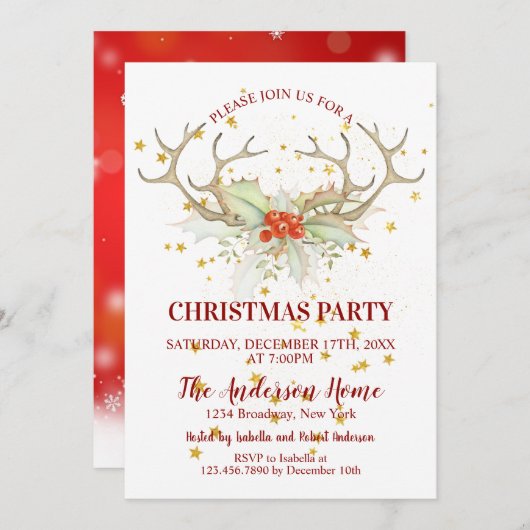 金ゴールドグリッタートナディアクリスマスディナー 招待状 (正面/裏面)