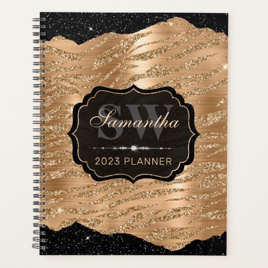金ゴールドグリッタートラストライプガーとブラックエッジモノグラム プランナー手帳 (正面)