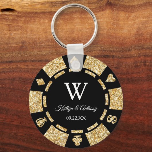 金ゴールドグリッタートランプのポーカーチップカジノウェディングパーティーの好意 キーホルダー (正面)