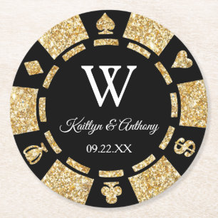 金ゴールドグリッタートランプのポーカーチップカ結婚ジノ ラウンドペーパーコースター