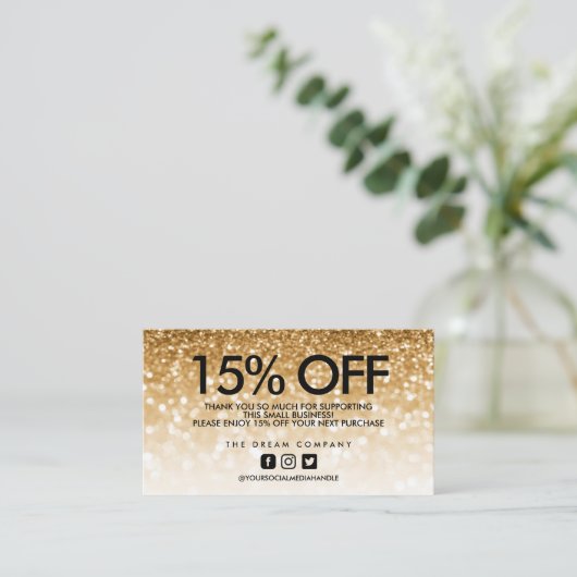 金ゴールドグリッタートレンディー割引ありがとう 名刺 (スタンド正面)