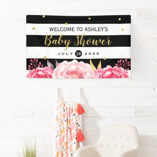 金ゴールドグリッタードットフローラストライプベビーシャワーパーティー 横断幕 (インサイチュ)