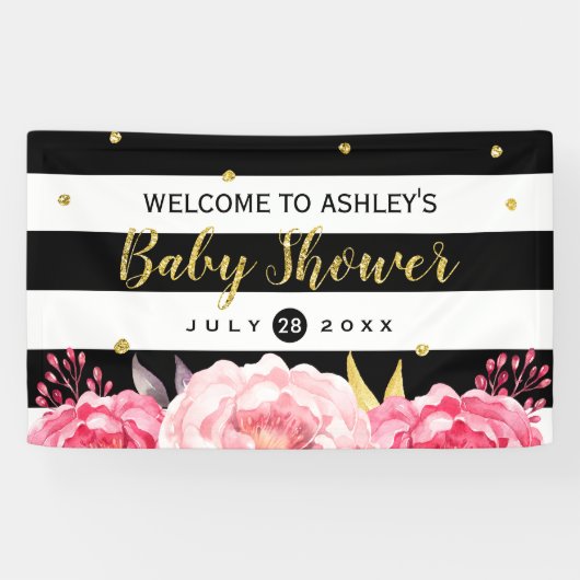 金ゴールドグリッタードットフローラストライプベビーシャワーパーティー 横断幕 (横)