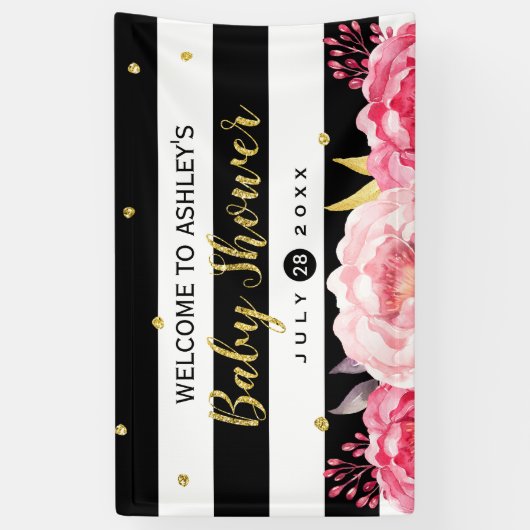 金ゴールドグリッタードットフローラストライプベビーシャワーパーティー 横断幕 (縦)