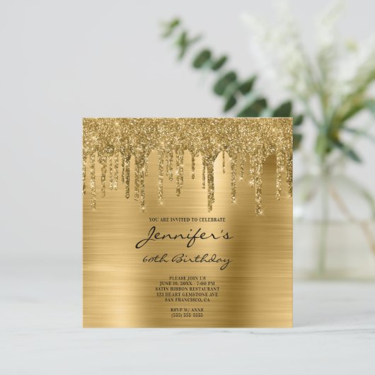 金ゴールドグリッタードリップとフォイル60誕生日 招待状 (スタンド正面)