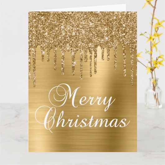 金ゴールドグリッタードリップオンフォイルフェイクメリークリスマス カード (黄色い花)