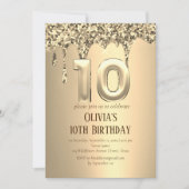金ゴールドグリッタードリップガールガーリー10誕生日 招待状 (正面)