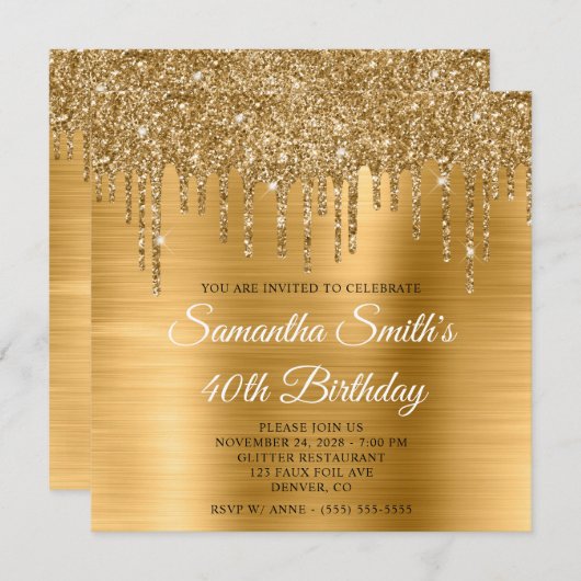 金ゴールドグリッタードリップスとフォイル40th誕生日 招待状 (正面/裏面)
