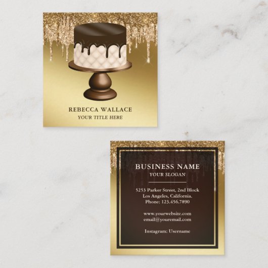 金ゴールドグリッタードリップスアイシングケーキベーカリー スクエア名刺 (正面/裏面)