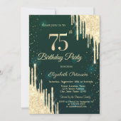 金ゴールドグリッタードリップスグリーン75誕生日 招待状 (正面)