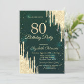 金ゴールドグリッタードリップスグリーン80誕生日 招待状 (スタンド正面)