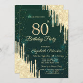 金ゴールドグリッタードリップスグリーン80誕生日 招待状 (正面/裏面)
