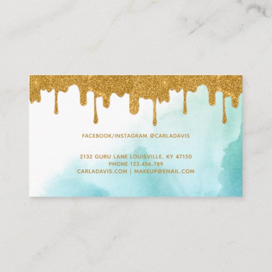 金ゴールドグリッタードリップスティール（緑がかった色）水彩メイクアップアーティスト 名刺 (裏面)