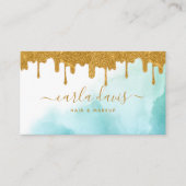 金ゴールドグリッタードリップスティール（緑がかった色）水彩メイクアップアーティスト 名刺 (正面)