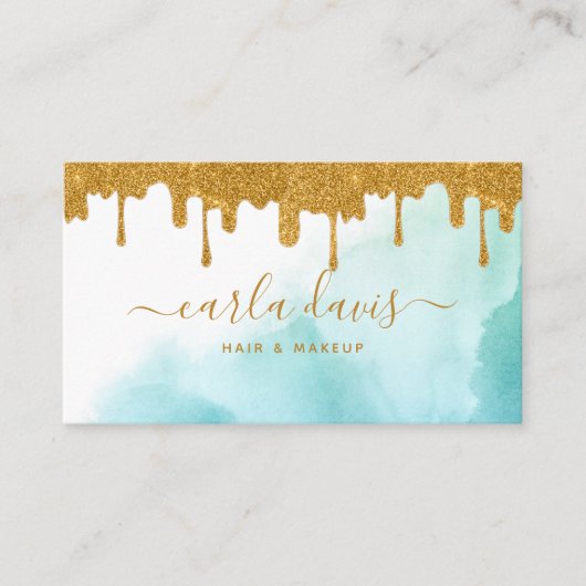 金ゴールドグリッタードリップスティール（緑がかった色）水彩メイクアップアーティスト 名刺 (正面)
