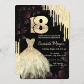 金ゴールドグリッタードリップスドレスゴシック18誕生日 招待状 (正面/裏面)