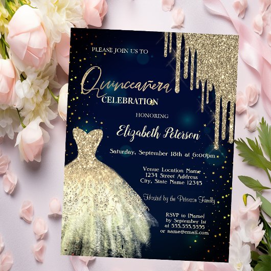 金ゴールドグリッタードリップスドレスネイビーブルーキンセアニラ 招待状