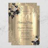 金ゴールドグリッタードリップスブラックバラ30th誕生日 招待状 (正面/裏面)