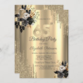 金ゴールドグリッタードリップスブラックバラ65誕生日 招待状 (正面/裏面)
