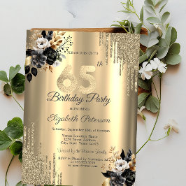 金ゴールドグリッタードリップスブラックバラ65誕生日 招待状