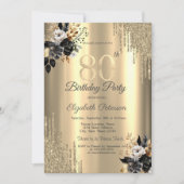 金ゴールドグリッタードリップスブラックバラ80誕生日 招待状 (正面)