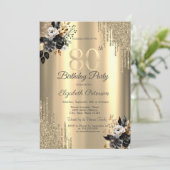 金ゴールドグリッタードリップスブラックバラ80誕生日 招待状 (スタンド正面)