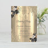 金ゴールドグリッタードリップスブラックバラ90誕生日 招待状 (スタンド正面)