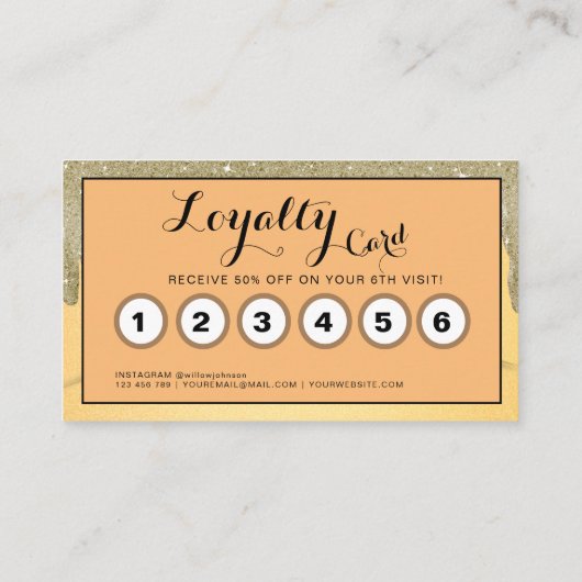 金ゴールドグリッタードリップスヘア美しいサロンロイヤリーカード 名刺 (裏面)